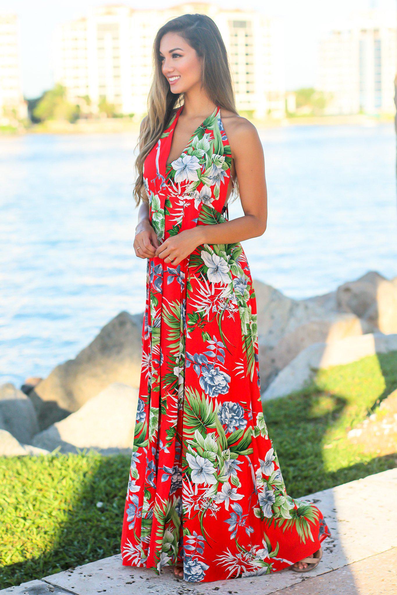 Red Tropical Halter Neck Maxi Dress ...